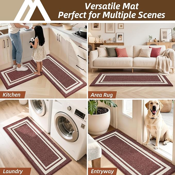 COSY HOMEER Kitchen Rugs Non-Slip 24x35/24x60 Inch Thick Polypropylene Standing Mat for Home Machine Washable, Red Frame