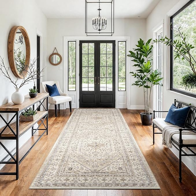 4x8 Runner Rug for Hallway Washable: Non Slip Kitchen Rugs with Rubber Backing Soft Waterproof Wide Mats Stain Resistant Low Pile Carpet for Entryway Bedroom Bathroom Laundry Home Decor Beige/Gray
