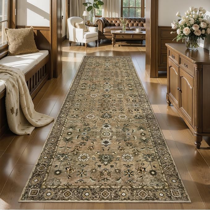 Tangsoo Brown 3x10 Runner Rug for Hallway Long Washable Hallway Runner Rugs, Non Slip Vintage Floral Soft Low Pile Rug Runner, Indoor 8ft Carpet Runners for Kitchen Bedroom Entryway Living Room