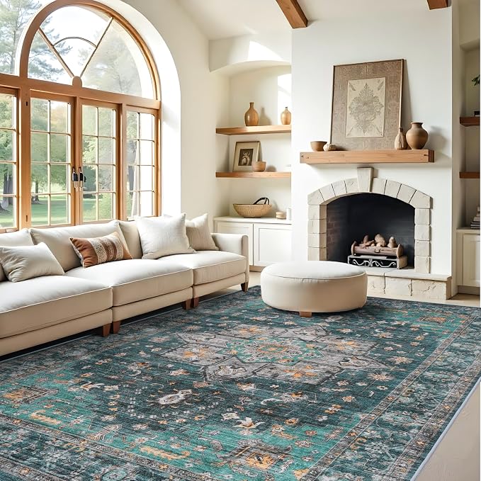 Living Room 9x12 Area Rugs - Large Boho Rugs for Living Room Stain Resistant Carpet Vintage Tribal Rugs for Bedroom Kitchen Bathroom with Non Slip Backing Home Decor Floor Decoration Mat 9x12 Teal