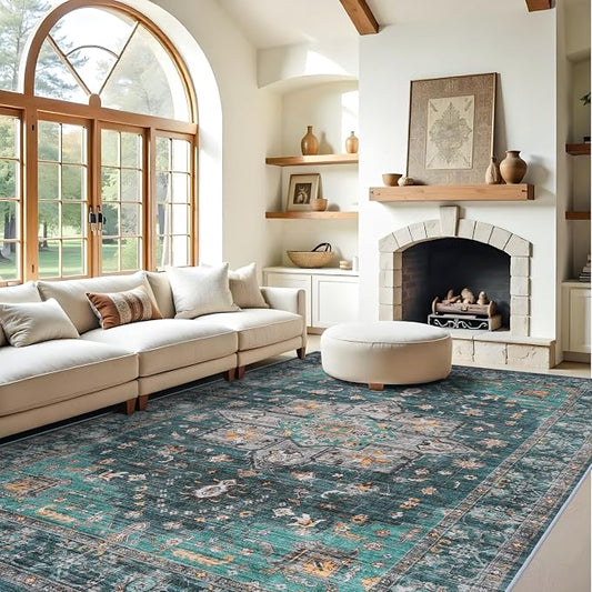 Living Room 9x12 Area Rugs - Large Boho Rugs for Living Room Stain Resistant Carpet Vintage Tribal Rugs for Bedroom Kitchen Bathroom with Non Slip Backing Home Decor Floor Decoration Mat 9x12 Teal