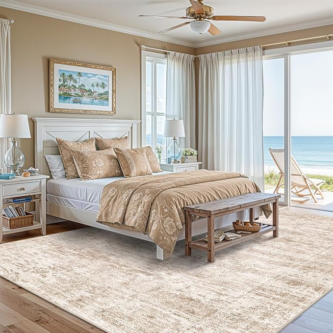 Living Room Area Rugs 9x12: Abstract Washable Rug for Dining Room Non-Slip Low Pile Carpet for Bedroom Ultra Thin Soft Stain Resistant Indoor Floor Mat for Household Women Aged 35-45 9x12 Beige Brown