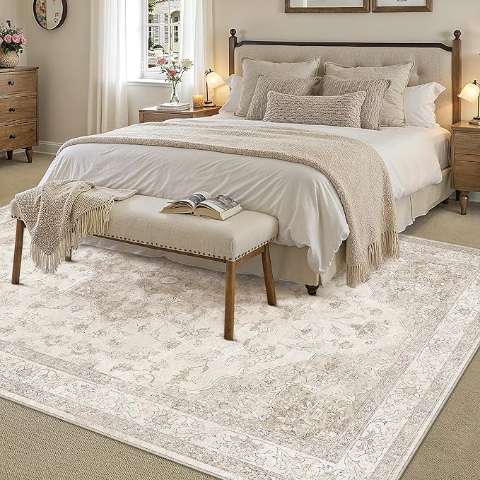PureCozy Beige Area Rug 8x10 Washable Vintage Carpet for Living Room Bedroom Large Soft Retro Low Pile Thin Indoor Rug Non Slip Oriental Medallion Floor Cover for Dining Room Office