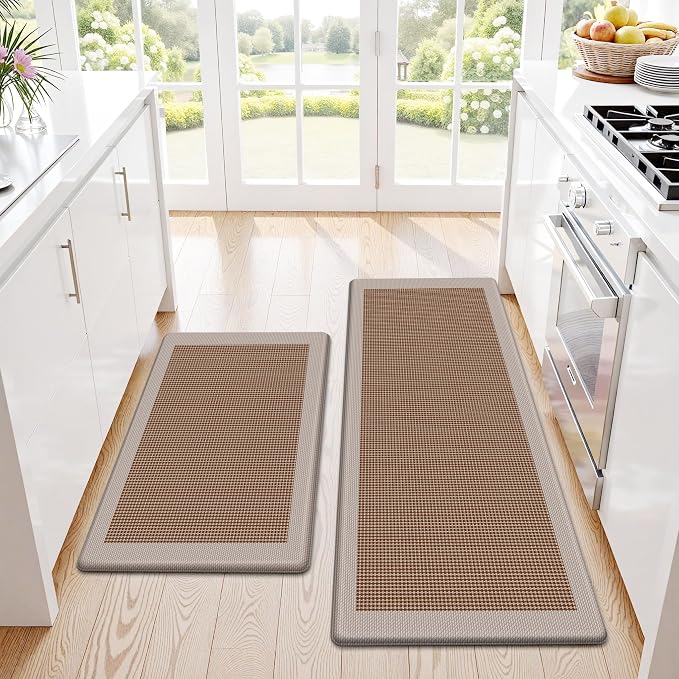 Kitchen Mats, 2PCS Kitchen Rugs for Floor, Cushioned Anti-Fatigue Mats for Kitchen Floor, Non-Slip Standing Desk Mat for Sink, Home, Laundry & Office, 17.3"x30"+17.3"x47" (Khaki)