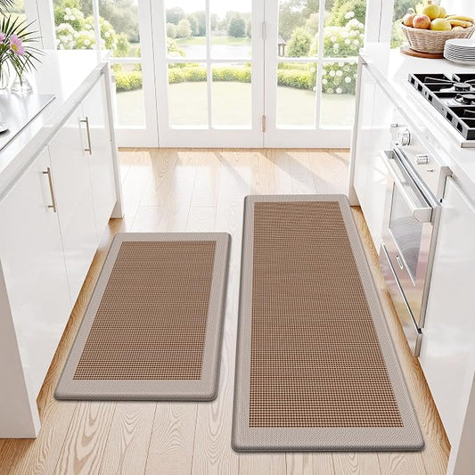 Kitchen Mats, 2PCS Kitchen Rugs for Floor, Cushioned Anti-Fatigue Mats for Kitchen Floor, Non-Slip Standing Desk Mat for Sink, Home, Laundry & Office, 17.3"x30"+17.3"x47" (Khaki)