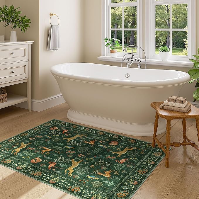 DUKINO 3x4 Washable Entryway Rug, Vintage Animal Ultra Soft Kitchen Area Rug with Non Slip Backing, Low Pile & Stain Resistant Indoor Door Mat for Bathroom, Bedroom, Laundry Room, Office, Green