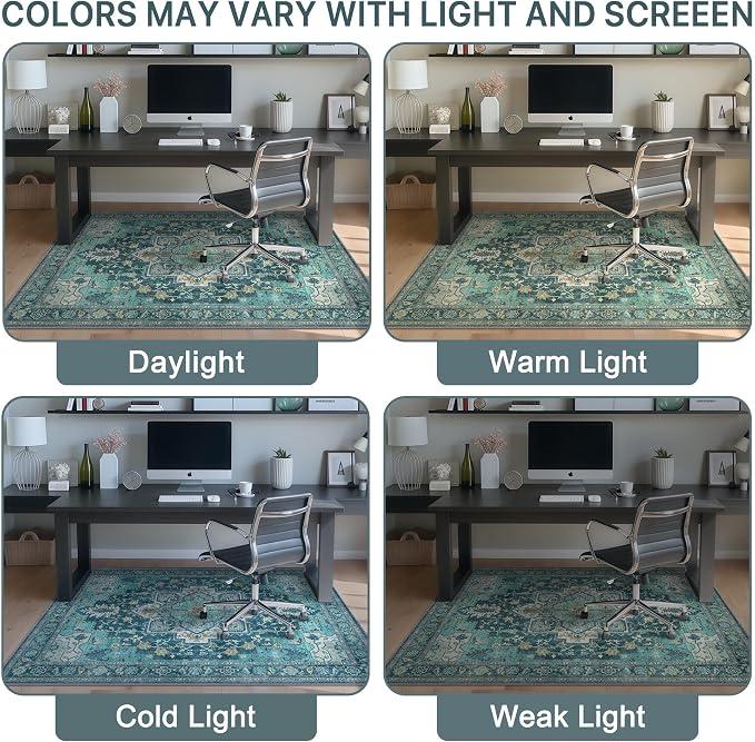 48"x60" Office Chair Mat for Hardwood Tile Floor, Under Desk Carpet Protector for Rolling Computer Chair Mat, Machine Washable Area Rug, Anti-Slip 1/5" Thick Low Pile Thin Vinyl Floor Mat, Turquoise