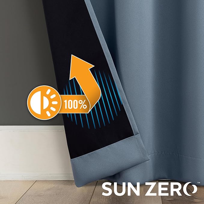 Sun Zero Nordic 2-Pack Theater Grade Noise Reducing Extreme 100% Blackout Grommet Curtain Panel Pair, 52" x 108", Denim Blue