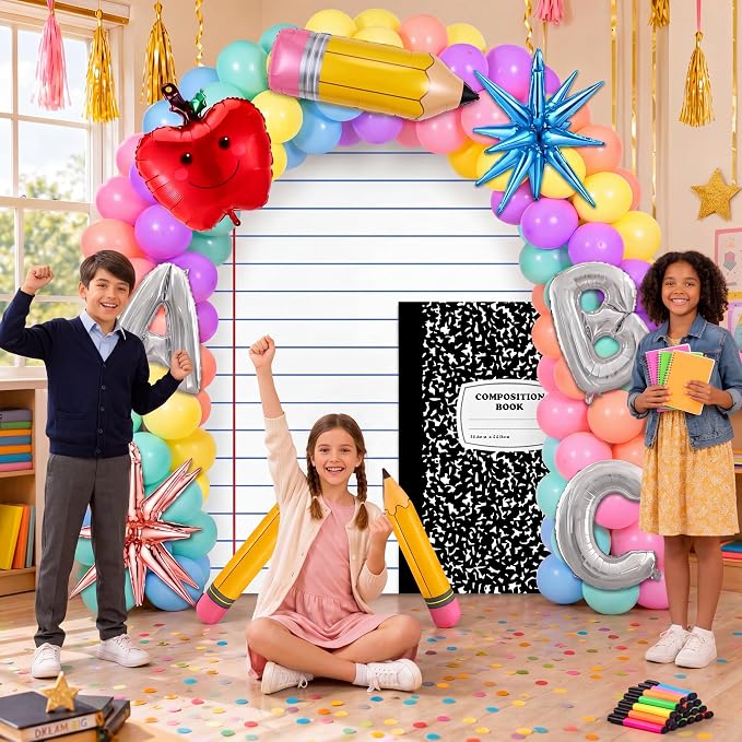 Hahafelt 161 Pcs Back to School Party Decorations Pastel Balloons Garland Arch Kit with Large Composition Notebook Backdrop Abc Crayon Pencil Balloons for First Day of School Classroom Party Supplies