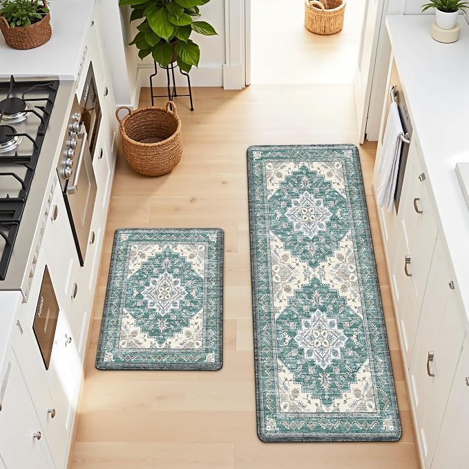 Boho Kitchen Mats for Floor 2 Piece Set Anti Fatigue Cushioned PVC Kitchen Rugs Non Slip Waterproof Farmhouse Mats 2/5 Inch Comfort Standing Mat for Sink, Laundry, 17.3"x47"+17.3"x28", Blue Green