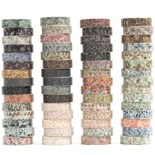 Flowers Washi Tape Set 60 Rolls Leaves Patterns Decorative Skinny Fall Masking Tapes for Arts, DIY Crafts, Journals, Planners, Scrapbook, Wrapping (Autumn)