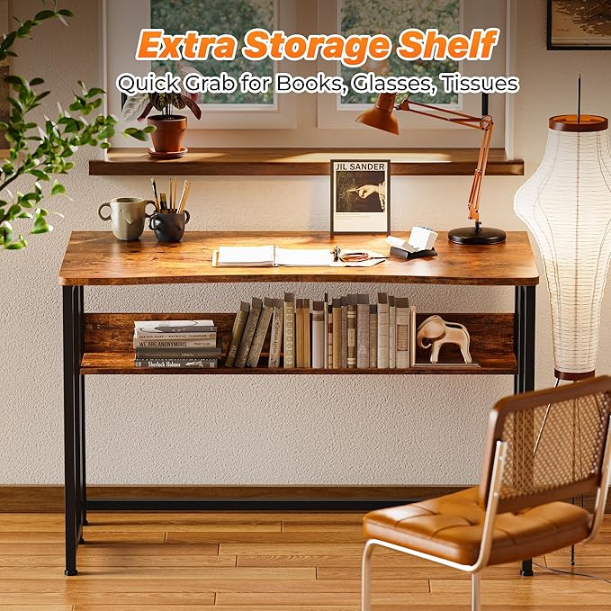 Huuger Folding Desk with Storage Shelf, 39.3 Inch Foldable Computer Table for Small Spaces, Space Saving Sofa Table for Couch, Writing Work Office Computer Desk, Easy to Fold, Rustic Brown