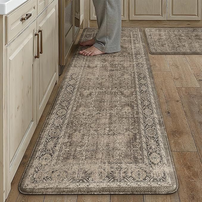 PureCozy Kitchen Mats 2PCS Anti Fatigue Cushioned Mat Brown Vintage Kitchen Mats for Floor Waterproof Non Slip Comfort Standing Distressed Rug for Sink Laundry Office 17.3"x59"+17.3"x30"