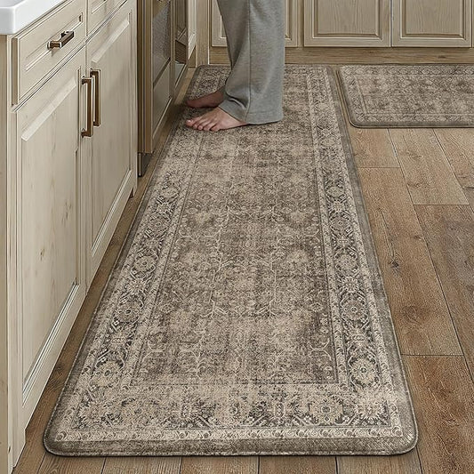 PureCozy Kitchen Mats 2PCS Anti Fatigue Cushioned Mat Brown Vintage Kitchen Mats for Floor Waterproof Non Slip Comfort Standing Distressed Rug for Sink Laundry Office 17.3"x59"+17.3"x30"