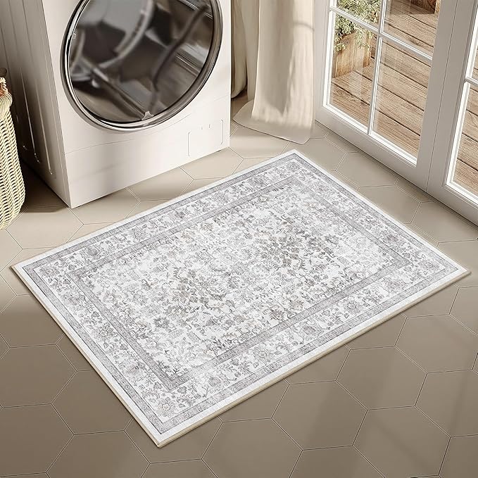 2x3 Gray Entryway Rug Non Slip Washable Area Rug Soft Vintage Boho Throw Rug Retro Distressed Floral Carpet Indoor Farmhouse Decor Low Pile Small Door Mat for Kitchen Bathroom Bedroom Laundry Office