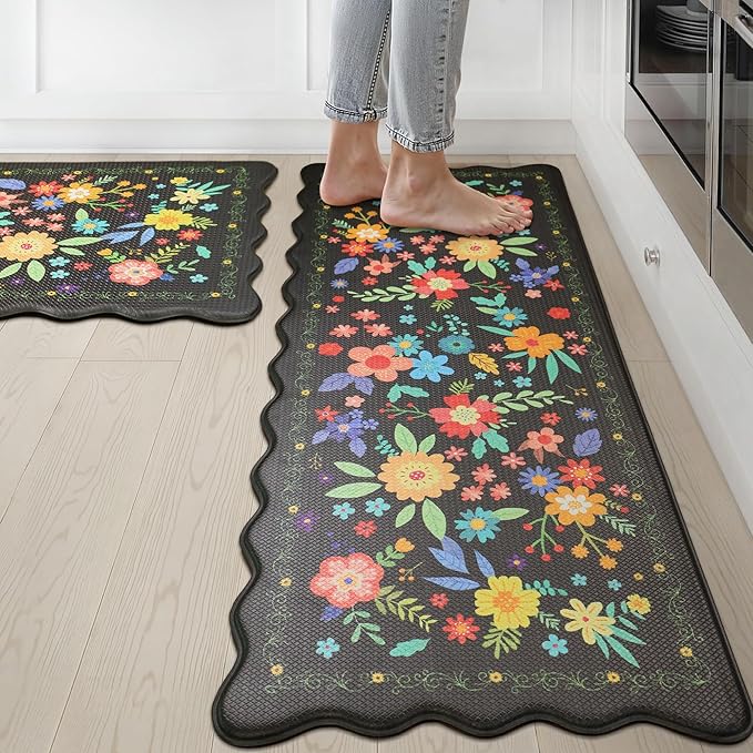 GENIMO Anti Fatigue Kitchen Mats for Floor 2PCS, Cushioned Standing Mats | 17.3"x47"&17.3"x30", Mix Black vintage floral rug set, waterproof, non slip, easy-clean for farmhouse