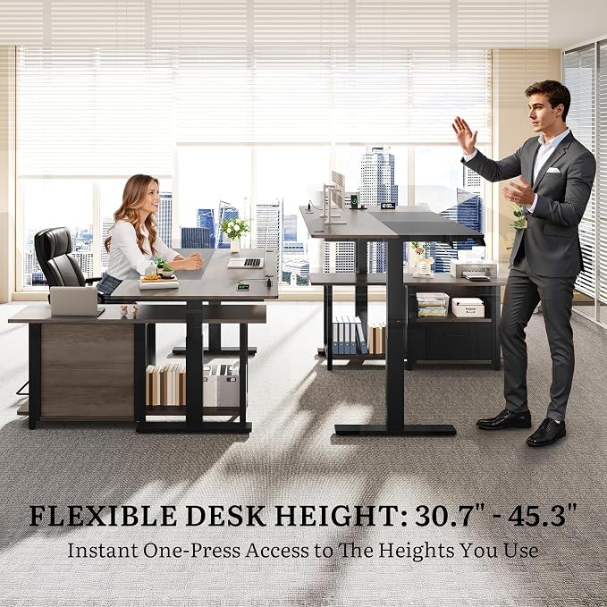 YITAHOME L Shaped Standing Desk with Power Outlets, 70.1" Electric Standing Desk Adjustable Height Sit Stand Corner Standing Desks Executive Desk with Drawers & Shelves, Grey + Black
