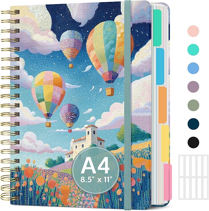 Large Spiral Lined Notebooks for Work with Removable Dividers & Tabs, 8.5"x11" Pretty Hardcover 5 Subject Notebook Journal for Women, College Ruled, Perfect for Study & Office Organization, 280 Pages, Balloon Valley