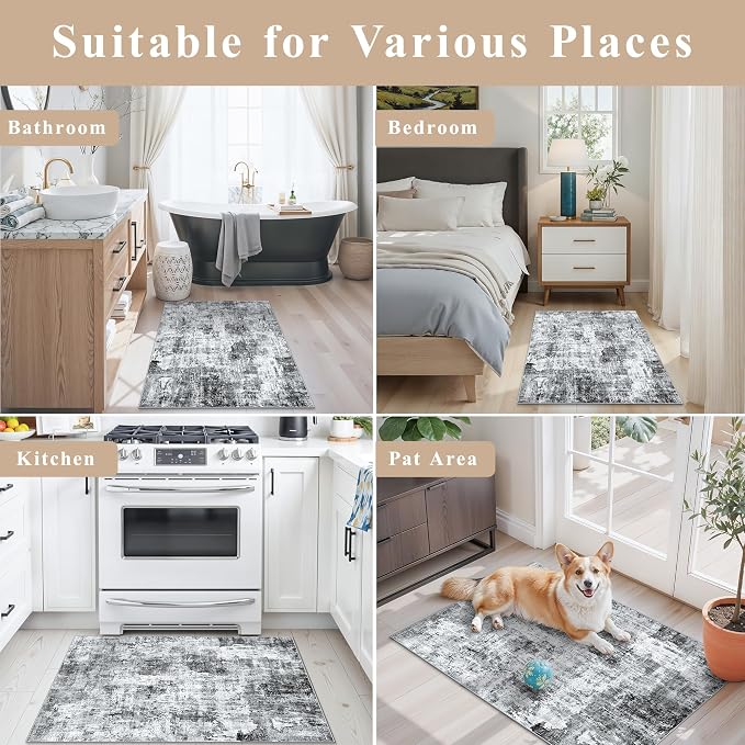 2x3 Washable Non-Slip Area Rug - Soft Low Pile Throw Rug for Kitchen Entryway Bedroom - Modern Indoor Door Mat with Rubber Backing (Grey, 2x3)