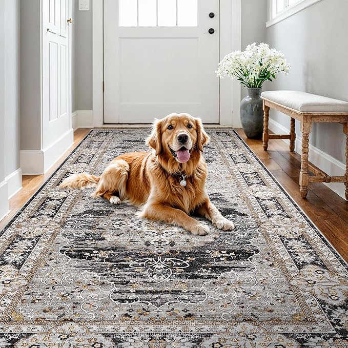 4x8 Runner Rug for Hallway Washable: Non Slip Kitchen Rugs with Rubber Backing Soft Waterproof Wide Mats Stain Resistant Low Pile Carpet for Entryway Bedroom Bathroom Laundry Home Decor Black/Gray