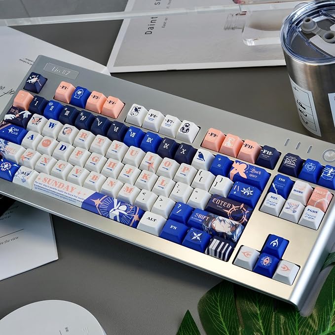 PBT Material Keycaps 130 Keys，Japanese Anime Style Keycaps Cherry Profile Dye Sublimation Keycap Blue White Custom Key Cap Set for Mechanical Keyboard 61/64/75/84/87/104/108 Layout