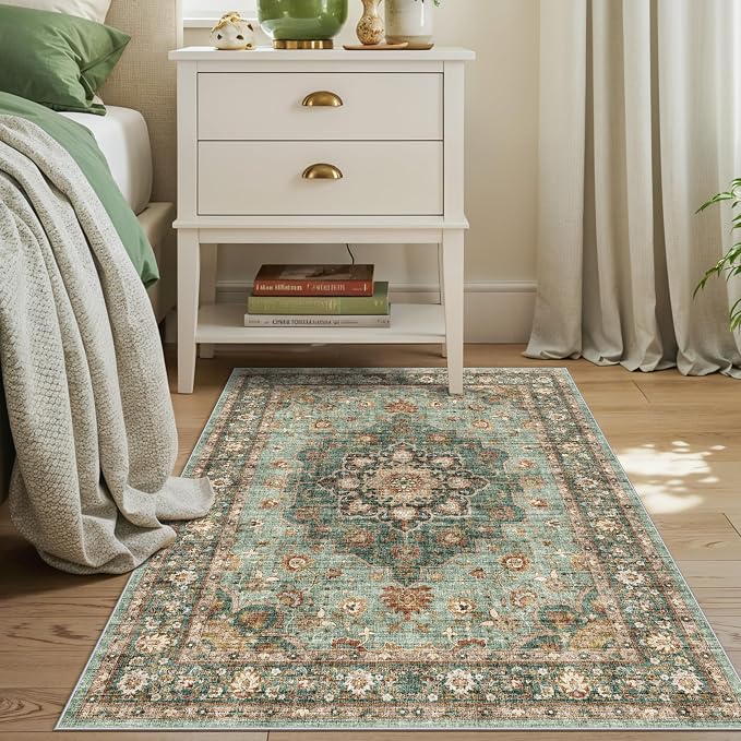 TOPRUUG Green Entryway 3x4 Rug - Washable Area Rugs for Kitchen Bathroom Non-Slip Ultra-Thin Indoor Door Mat Indoor Entrance - Stain Resistant Small Throw Carpet (Green, 3X4)