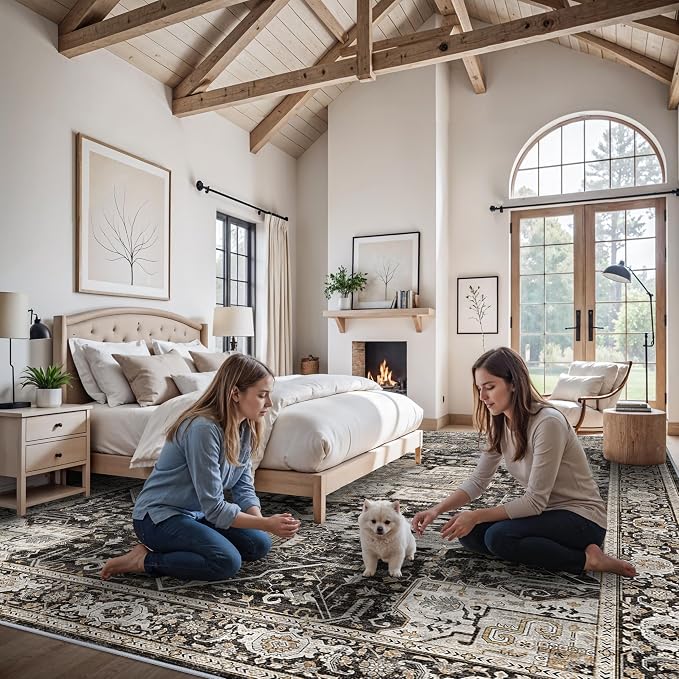 Living Room 12x15 Area Rug - Large Washable Area Rugs with Non Slip Backing Stain Resistant Carpet Indoor Soft Carpets Distressed Decoration Mat for Bedroom Dining Room 12x15 Black