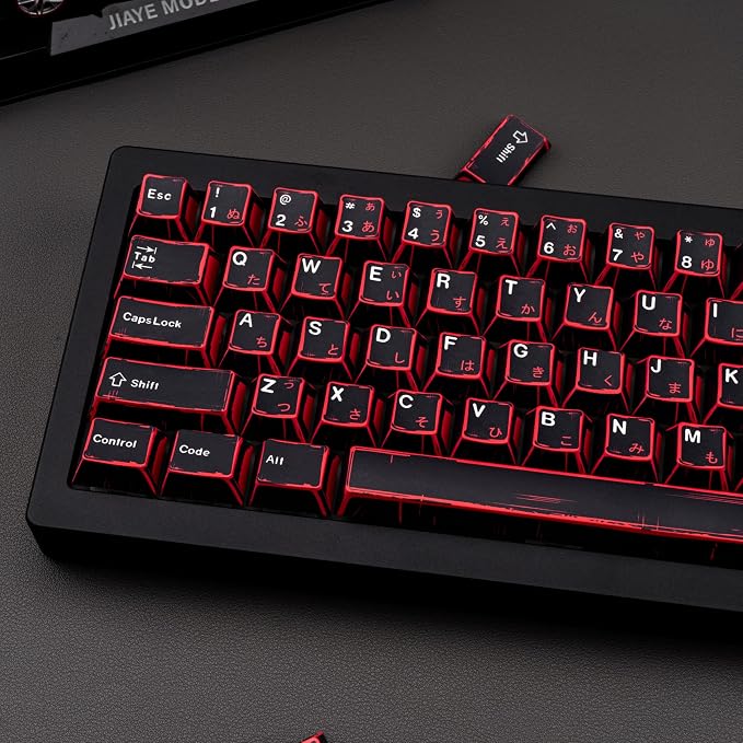 Japanese Manga Keycaps 130 Keys, Custom PBT Black and Red Keycaps, Cherry Profile Dye Sub Keycap Set Fit for 61/64/87/104/108 Cherry MX Switches Mechanical Keyboard