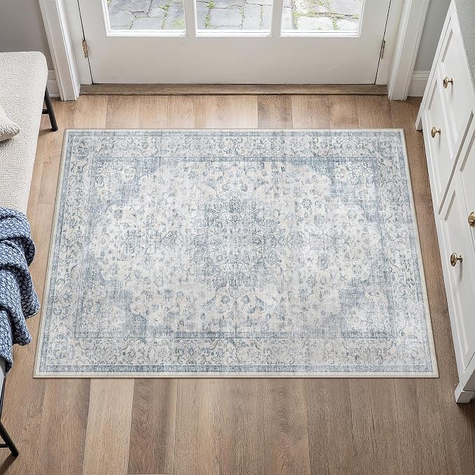 PureCozy 2x3 Area Rug Washable Neutral Blue Vintage Entryway Carpet Non Slip Low Pile Soft Door Mat Indoor Entrance Floral Small Throw Rug for Bathroom Bedroom Office Laundry Kitchen