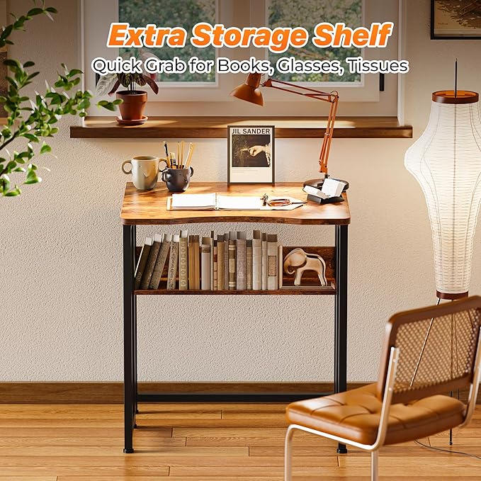 Huuger Folding Desk with Storage Shelf, 23.6 Inch Foldable Computer Table for Small Spaces, Space Saving Sofa Table for Couch, Writing Work Office Computer Desk, Easy to Fold, Rustic Brown