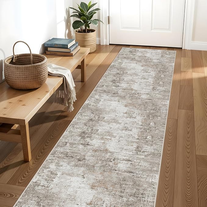 Long Runner Rug for Hallway 2x10 Ft - Non-Slip Washable Carpet Runner for Kitchen Hall Indoor Entryway, Bedroom, Living Room, Modern Abstract Low-Pile （Beige Grey）
