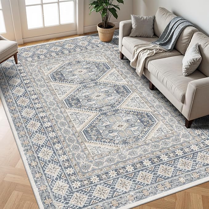 10x12 Area Rug for Living Room: Vintage Oriental Washable Rug for Bedroom Dining Room with Non Slip Rubber Backing Stain Resistant Low Pile Large Carpet Home Office (Blue, 10x12)