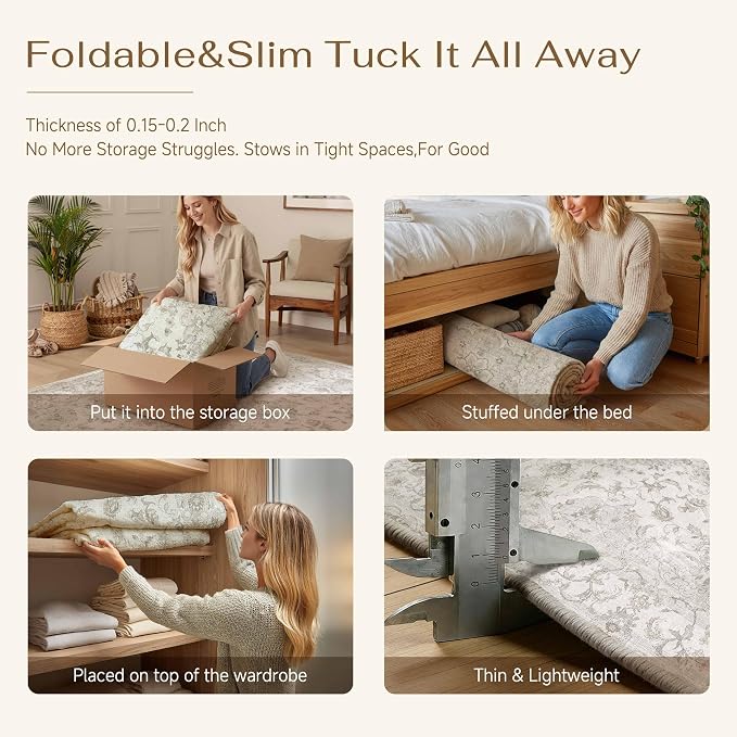 HUGEAR 2x3 Entrance Area Rug Vintage Beige Small Rug Machine Washable Door Mat Neutral Floral Low Pile Carpet Vacuumable Thin Throw Rug Entryway Kitchen Bathroom Bedroom Non Slip Lightweight