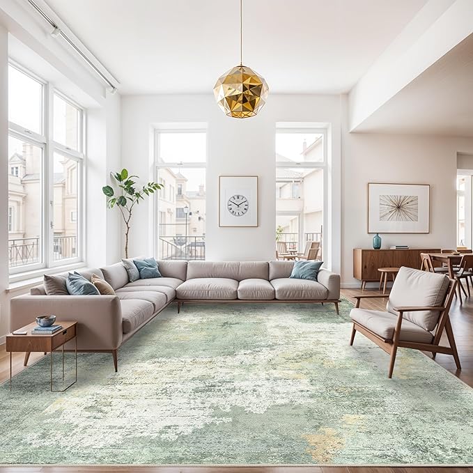 9x12 Area Rug for Living Room- Modern Abstract Machine Washable Rug Large Area Rug Indoor Stain Resistant Carpet for Bedroom Non-Slip Low Pile Soft Room Decor 9X12 Sage Green