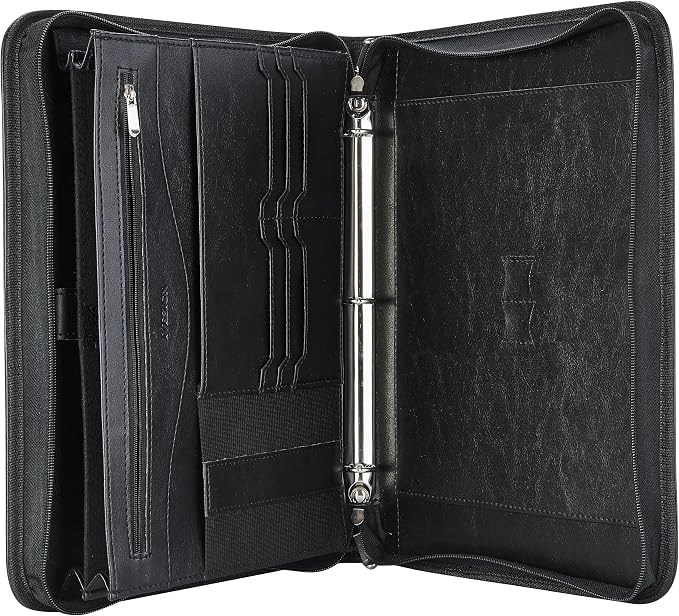 Zippered Padfolio Binder, Faux Leather Organizer with 3-Ring Binder, Left-Handed Design, Business Card Slots & Document Folders - Professional Padfolio for Office (Black)