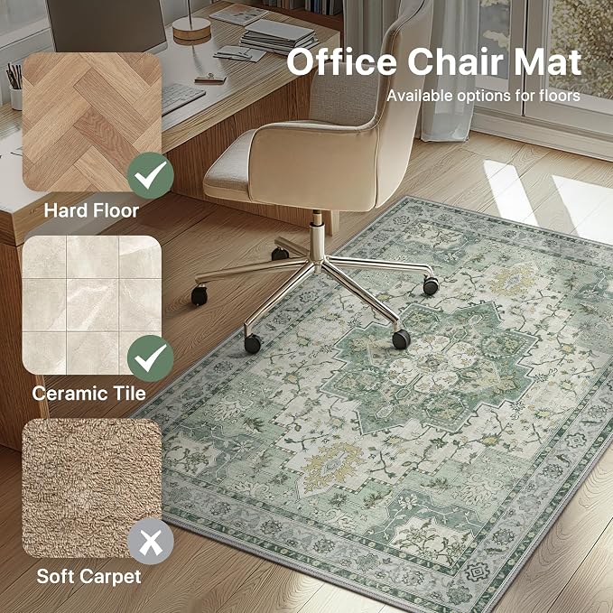 36"x60" Office Chair Mat for Hardwood Tile Floor, Under Desk Carpet Protector for Rolling Computer Chair Mat, Machine Washable Area Rug, Anti-Slip 1/5" Thick Low Pile Thin Vinyl Floor Mat, Green