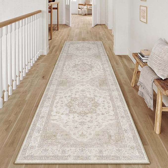 PureCozy Beige Runner Rug 2x8 Washable Vintage Long Carpet for Hallway Kitchen Soft Retro Low Pile Thin Indoor Runner Non Slip Oriental Medallion Throw Rug for Bathroom Bedroom Laundry Dining Room