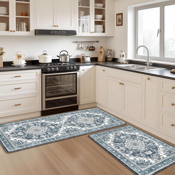 Boho Kitchen Mats for Floor 2 Piece Set Anti Fatigue Cushioned PVC Kitchen Rugs Non Slip Waterproof Farmhouse Mats 2/5 Inch Comfort Standing Mat for Sink, Laundry, 23.6"x39"+23.6"x59", Dark Blue