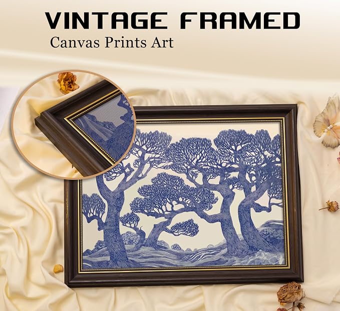 Vintage Gold Framed Wall Art Oak Tree Forest Painting Canvas Prints Blue Woodland Nature Landscape Picture Moody Botanical Poster Artwork for Living Room Bedroom, 16x24in