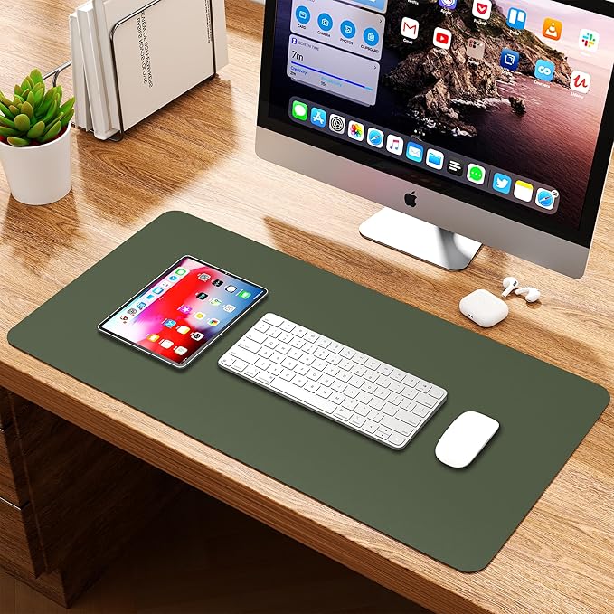 WAYBER Leather Desk Pad Protector, Waterproof Mouse Pad, PU Desk Mat, Office Desk Cover, Desk Writing Mat for Office/Home/Work/Cubicle (Green/Gray) 23.6x13.7in