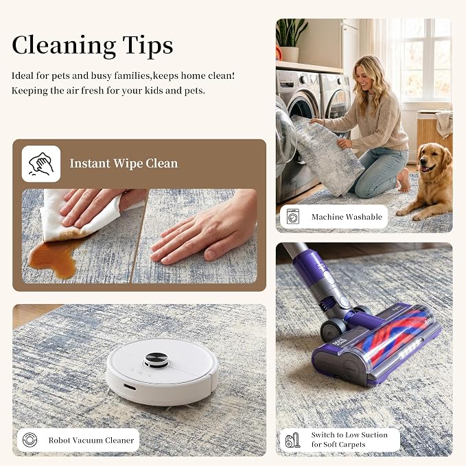 7x10 Washable Area Rug: Large Soft Indoor Neutral Living Room Rug Non Slip Low Pile Carpet Soft Stain Resistant Floor Rug for Bedroom Dining Room Home Office Indoor Home Decor (Blue Gray,7x10)