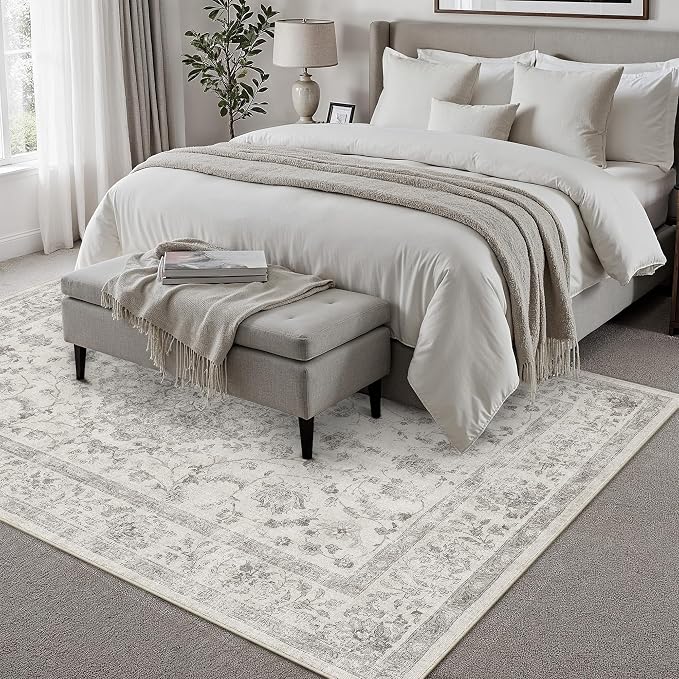 PureCozy 5x7 Area Rug Gray Washable Living Room Vintage Carpet Bedroom Non Slip Soft Low Pile Neutral Oriental Soft Thin Dining Room Office Accent Throw Rug