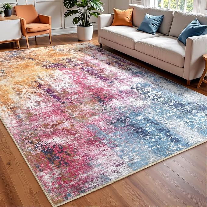 Macgace Washable Abstract Rug, 5x7 Modern Area Rugs with Non-Slip Rubber Backed for Living Room, Thin but Soft Contemporary Carpet Kitchen Bedroom Dining Room Decor, Galaxy