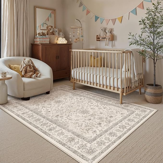 PureCozy 3x5 Area Rug Beige Washable Entryway Vintage Carpet Office Small Non Slip Stain Soft Resistant Low Pile Thin Boho Accent Indoor Throw Rug for Laundry Kitchen Bathroom Entrance Bedroom