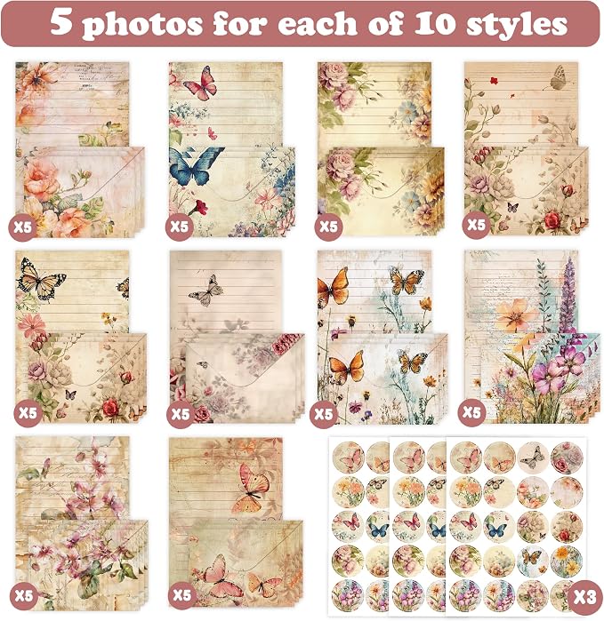 Stationery Paper Envelopes Set 160 Pcs - 50 Lined Writing Paper, 50 Envelopes, 60 Dot Stickers, Vintage/Floral/Leaf/Watercolor Multi-Style Options (STATIONERY-160PCS-VINTAGE)
