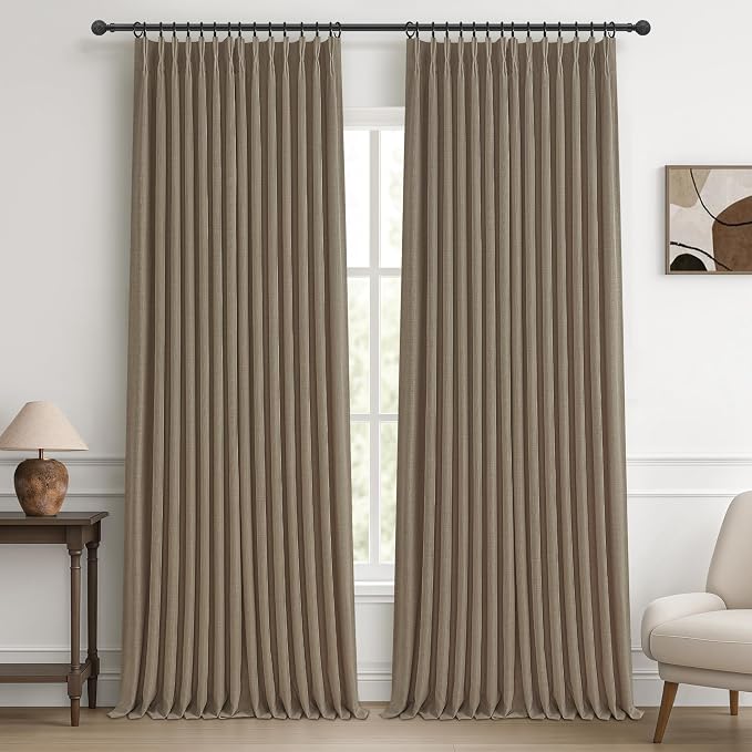 PleatedDrapes Linen Blackout Pleat Curtains for Dining Room 95 Inches Long, Memory Trained Two Layer Insulated Noise Reducing Drapes 94-96 Inch Length Black Out Country Windows Curtain 2 Panels Set