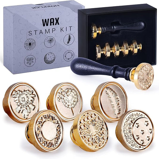 Hoppler Wax Seal Kit Having 6 PCS Wax Seal Stamp Heads, 1 PC Wood Handle Perfect Wax Stamp Seal Kit for Letter Sealing with Different Patterns for Gift Box Sealing