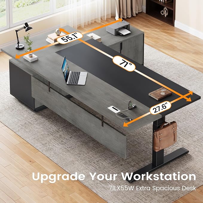SEDETA Executive L Shaped Electric Standing Desk, 71" Height Adjustable Executive Desk with 3 Drawers and Cabinet, Sit Stand Up Home Office Desk with Power Outlets & Side Hook (Grey)