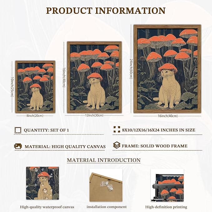 Framed Vintage Cat Wall Art, Whimsical White Cat with Mushroom Hat in Forest Canvas Print, Fantasy Quirky Woodland Animal Painting, Funny Retro Wall Decor for Living Room Bedroom Study 12x16in