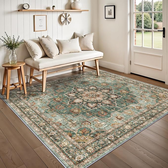 TOPRUUG Washable 5x5 Rug Square - Ultra Soft Living Room Area Rug Under Sofa Non-Slip Rugs for Bedroom Dining Room - Stain Resistant Farmhouse Decor for Family with Pets & Kids (Green, 5x5)
